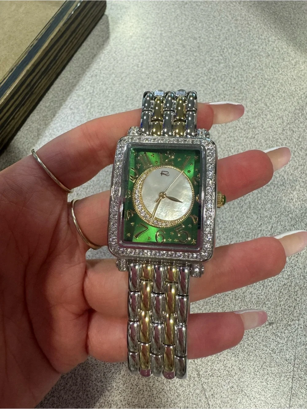Rarities by Carol Brodie TwoTone Crescent Moon Green & MOP Accent Bracelet watch
